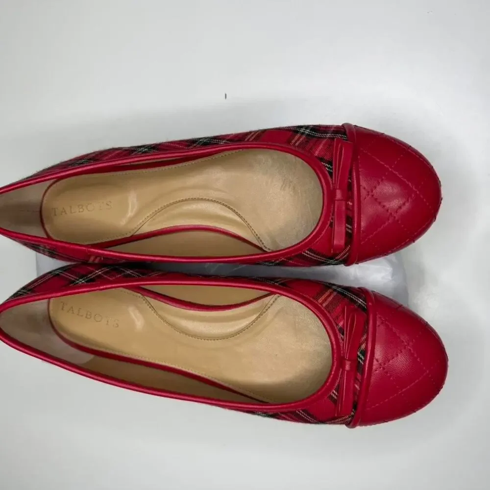 Talbots Red Plaid Ballet Flats Quilted Toe Cap Bow Flats Women’s‎ Size 9.5